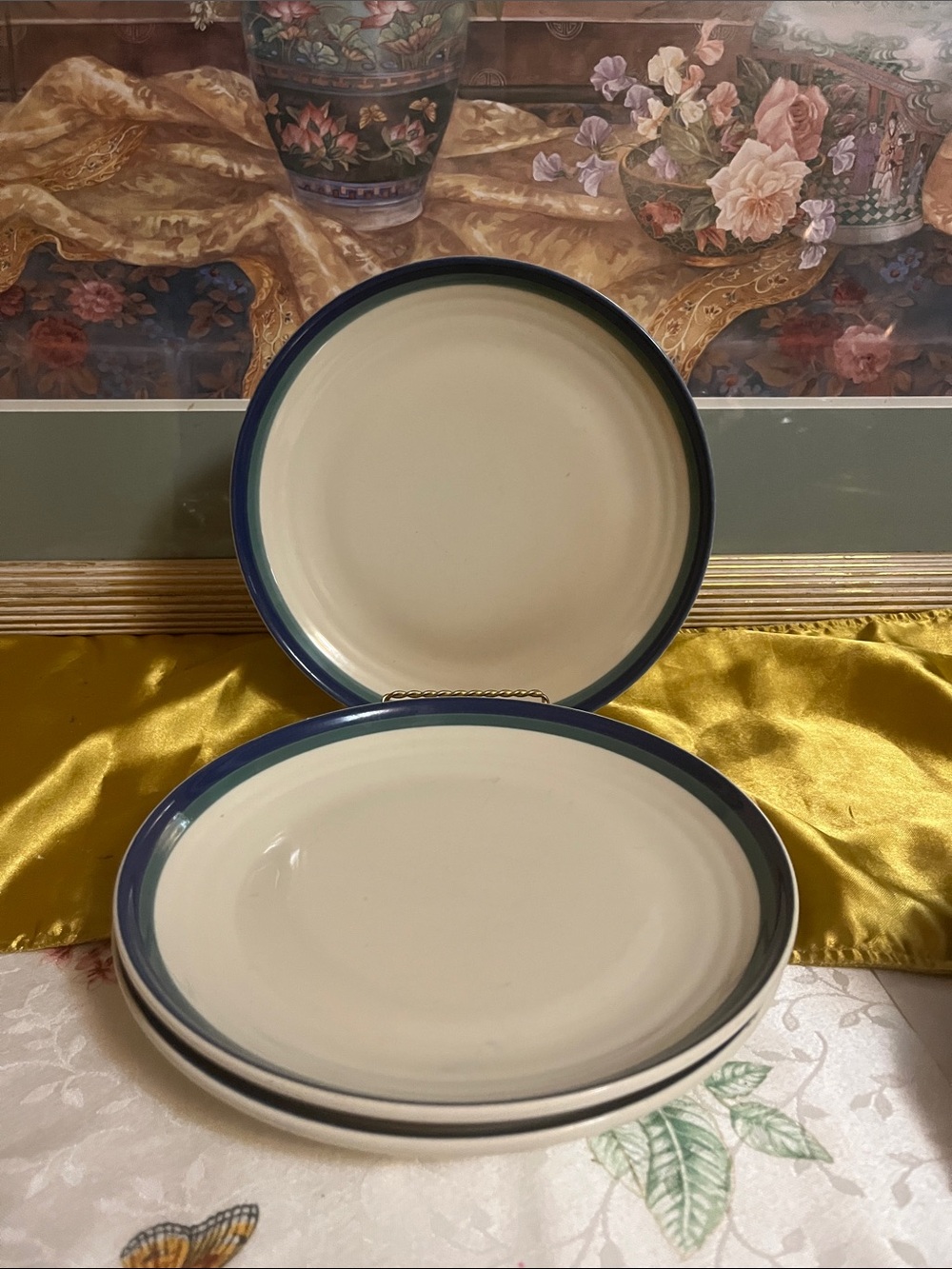 Pfaltzgraff ocean breeze Dinner Plates with Navy Rim - Set of 3